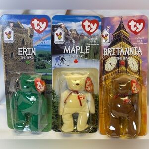 NIB TEENIE BABIES 3 Stuffed Bears: Erin Green, Maple White, Britannia Brown